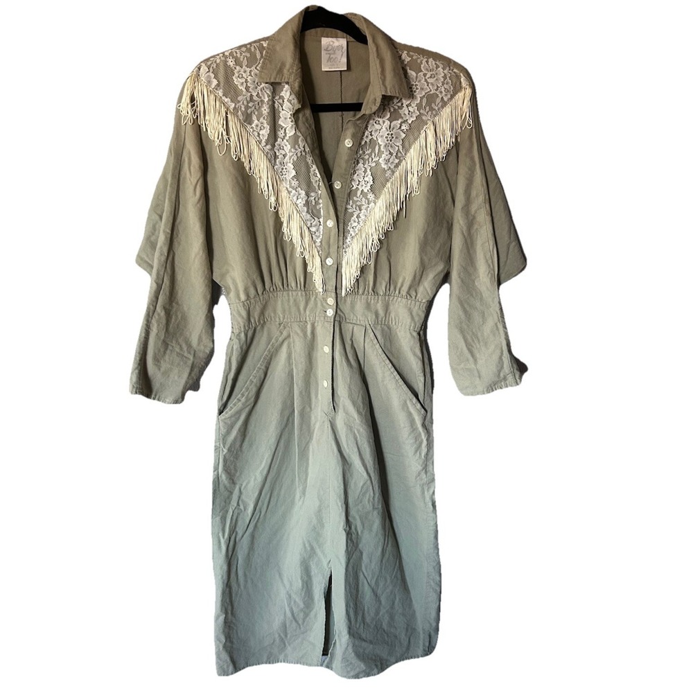 Women's VTG Lace Fringed Midi Dress 7  Western Country Button Down Cowgirl